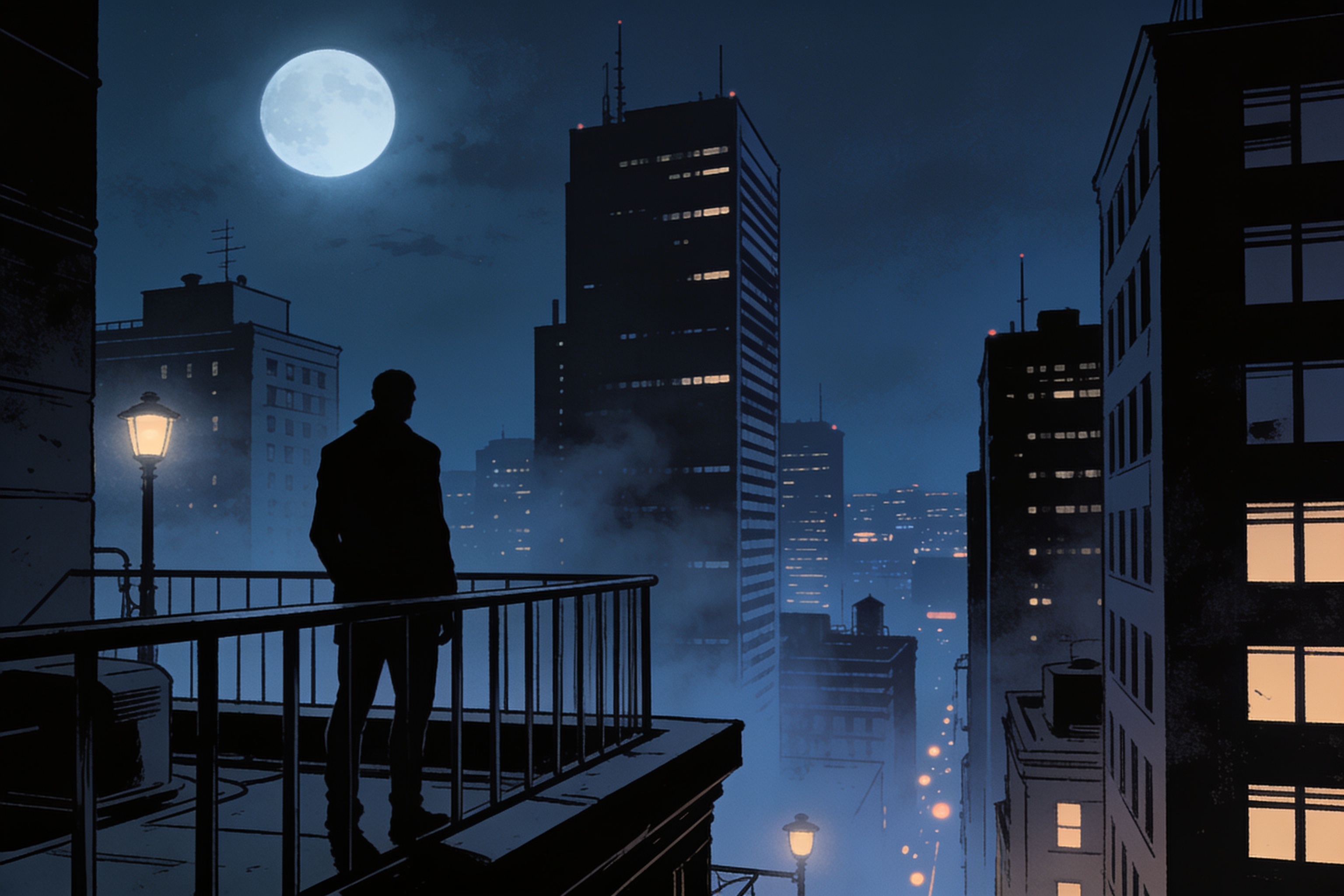 都市悬疑题材竖版漫画封面，夜景建筑剪影
