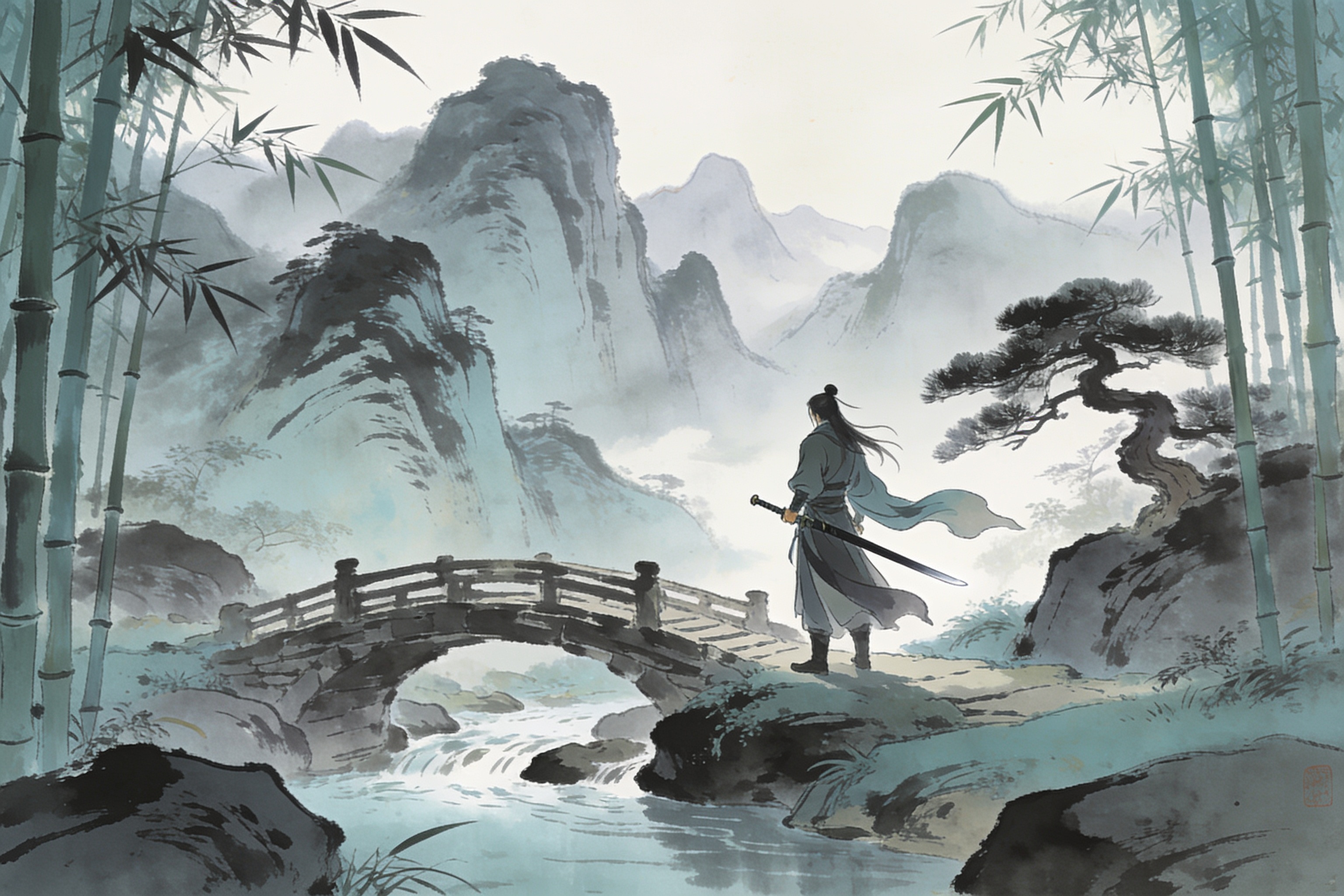 古风武侠题材竖版漫画，水墨山水元素